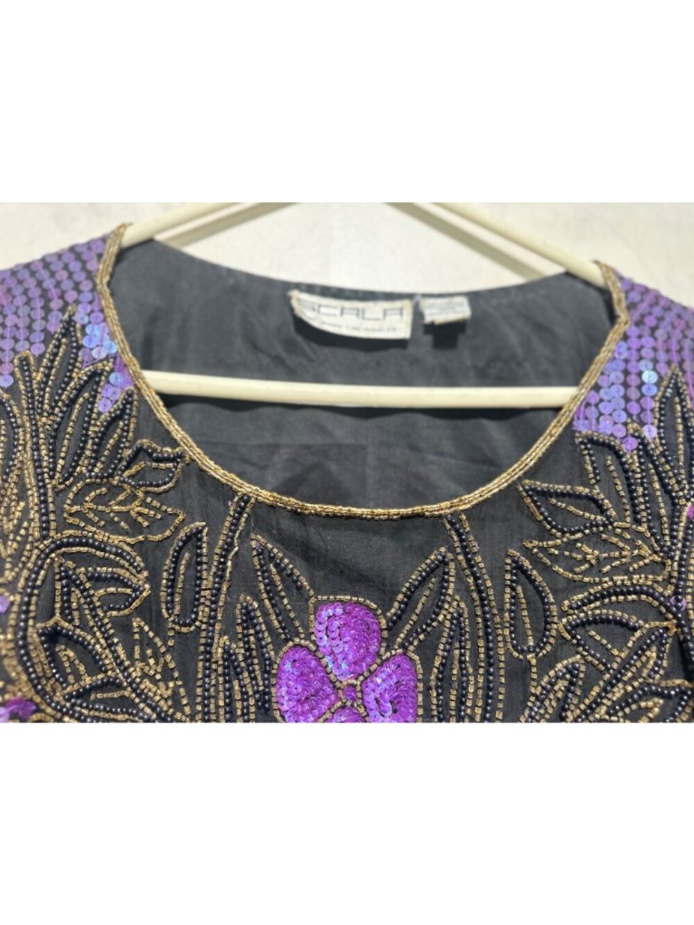 SCALA Silk Sequins Beaded Tunic Top 2X Purple Dolman Sleeves 90s Retro Evening - Picture 9 of 16